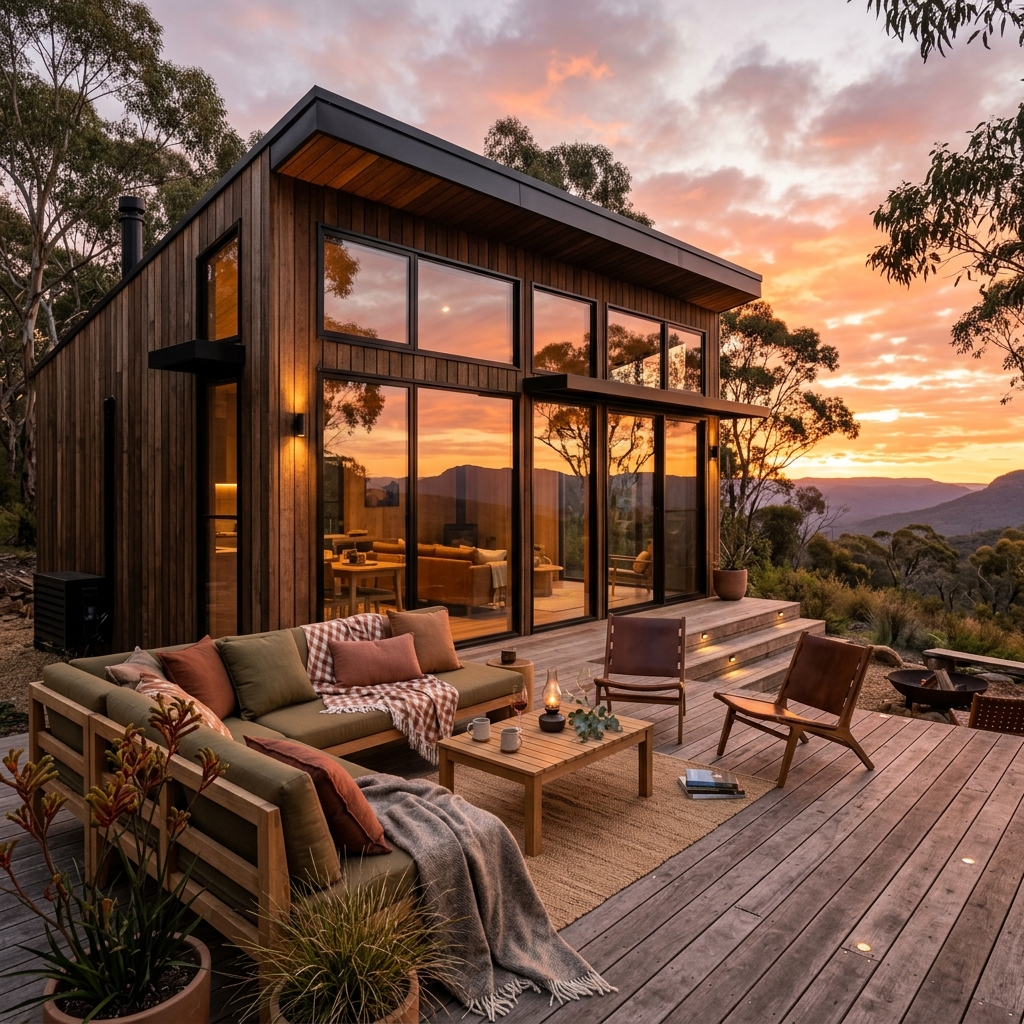 Deluxe Eco Cabins deck front view